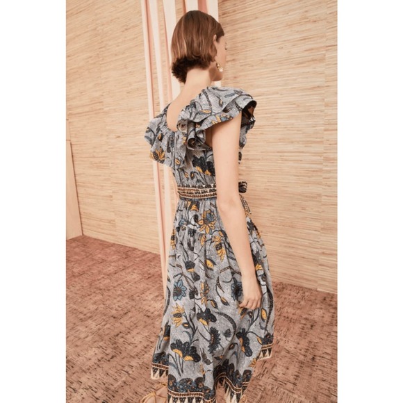 ULLA JOHNSON Amira Midi Dress Womens 6 White Green Portofino Printed Cotton - Picture 2 of 16